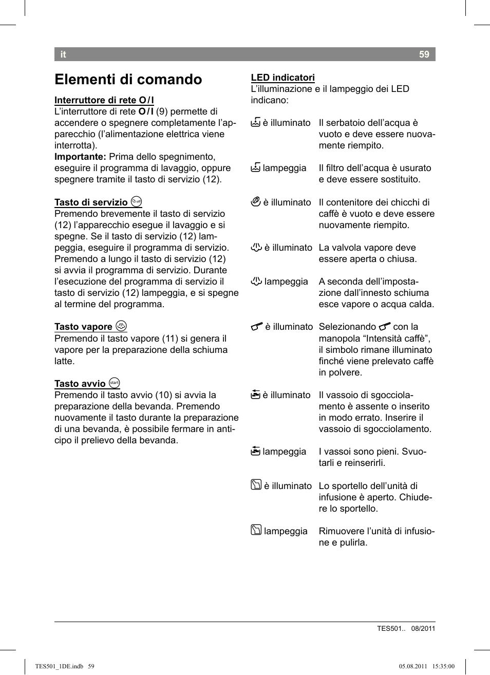 Elementi di comando | Bosch TES50159DE VeroCafe Kaffeevollautomat schwarz User Manual | Page 59 / 78