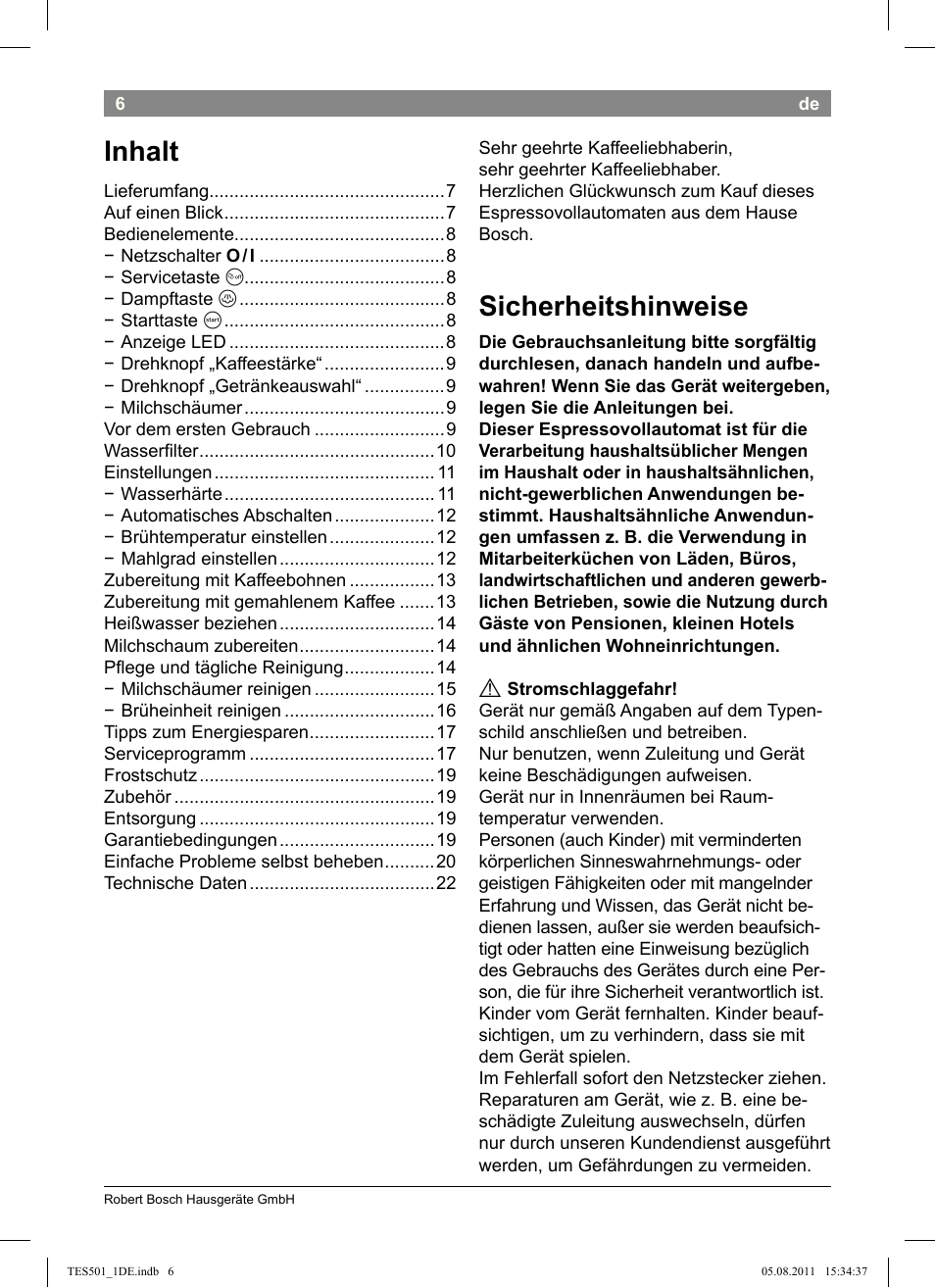 Sicherheitshinweise, Inhalt | Bosch TES50159DE VeroCafe Kaffeevollautomat schwarz User Manual | Page 6 / 78