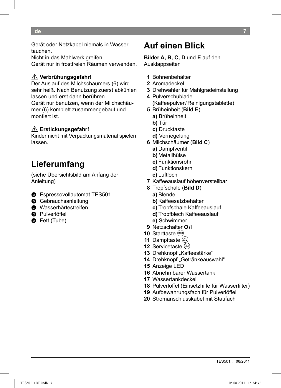 Auf einen blick, Lieferumfang | Bosch TES50159DE VeroCafe Kaffeevollautomat schwarz User Manual | Page 7 / 78