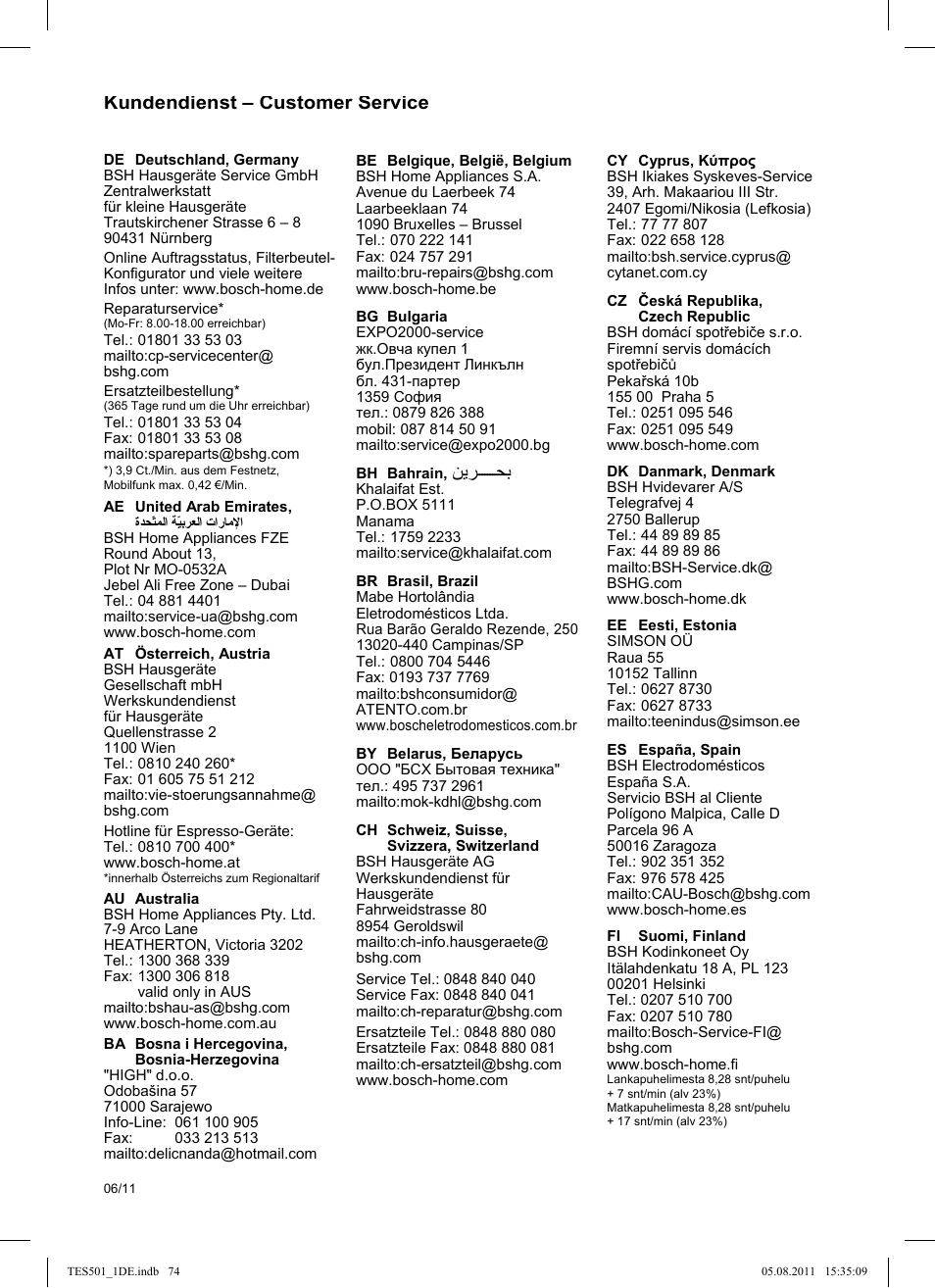 Kundendienst – customer service | Bosch TES50159DE VeroCafe Kaffeevollautomat schwarz User Manual | Page 74 / 78