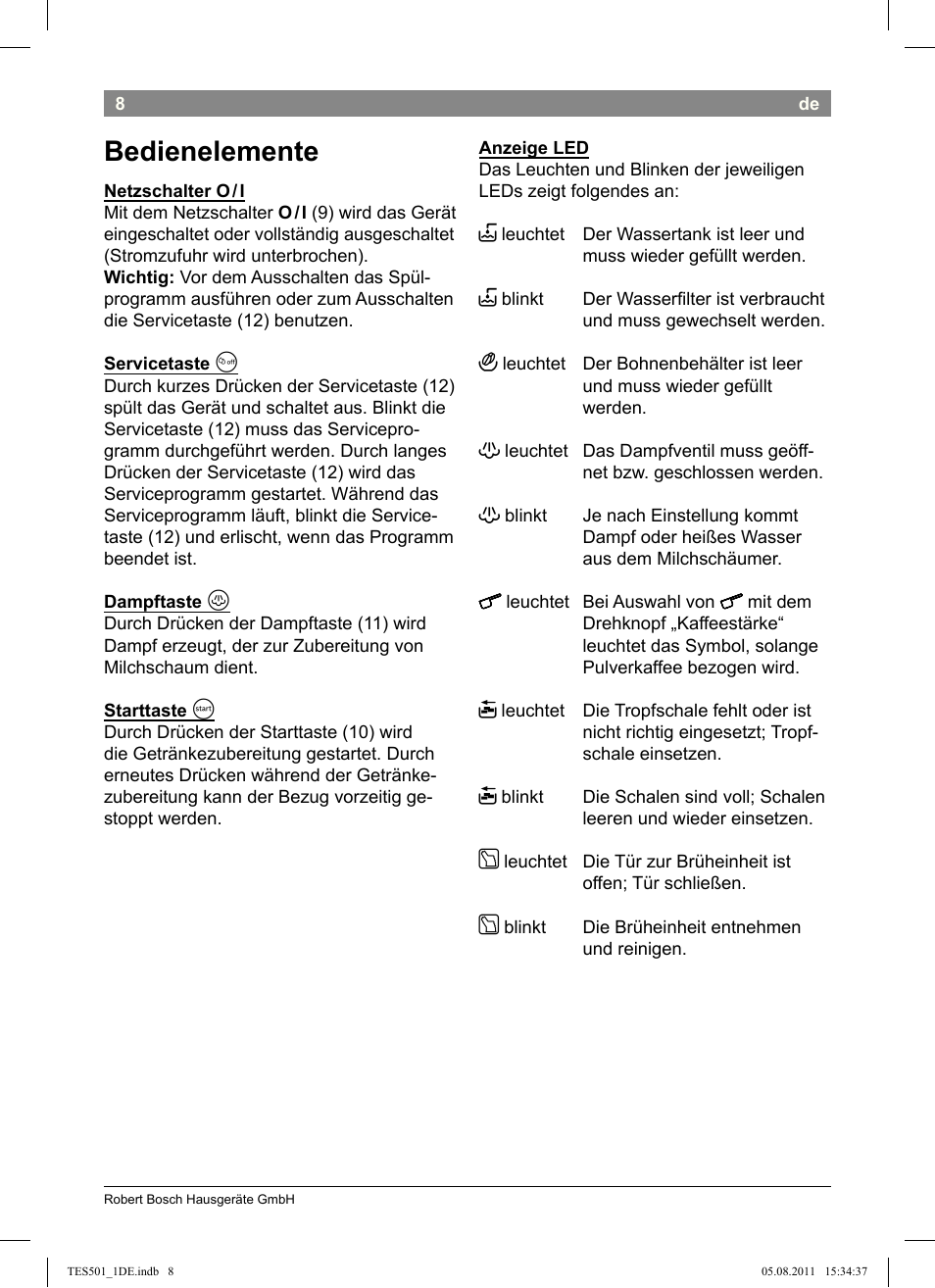 Bedienelemente | Bosch TES50159DE VeroCafe Kaffeevollautomat schwarz User Manual | Page 8 / 78