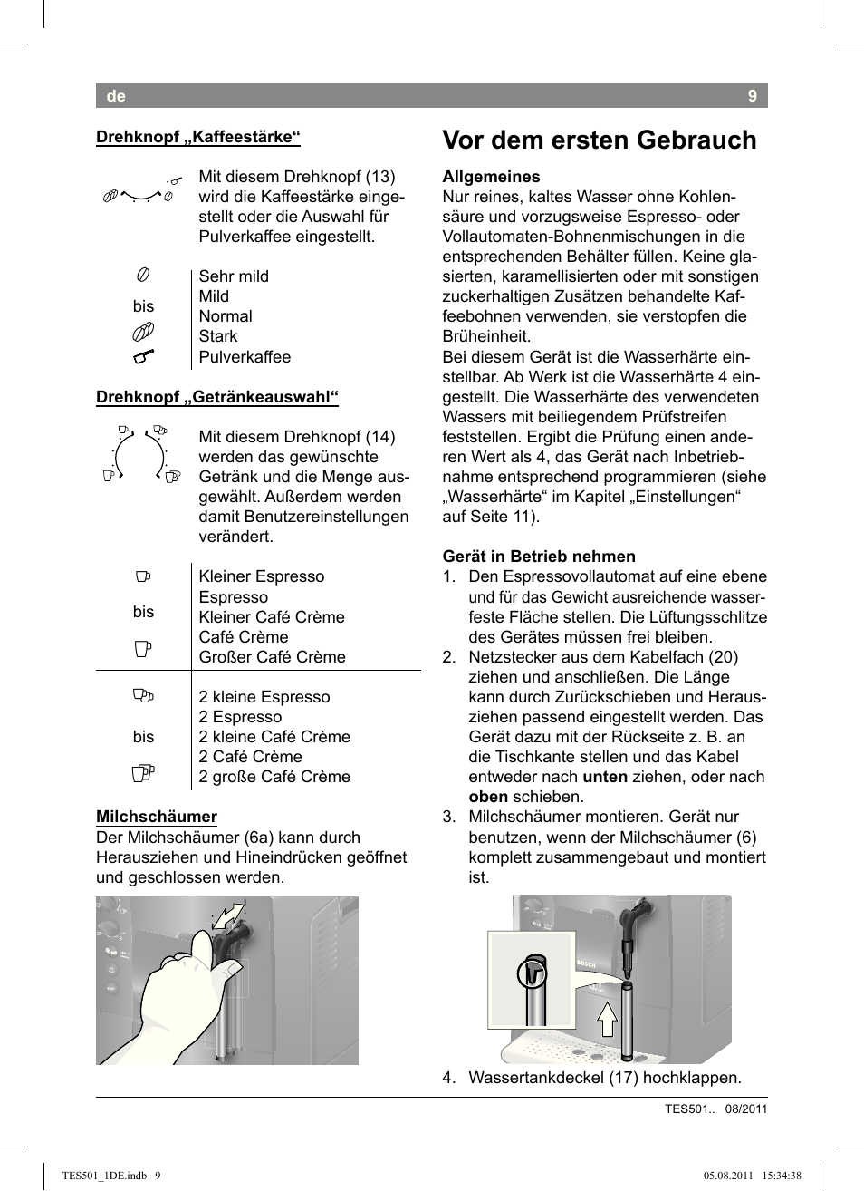 Vor dem ersten gebrauch | Bosch TES50159DE VeroCafe Kaffeevollautomat schwarz User Manual | Page 9 / 78