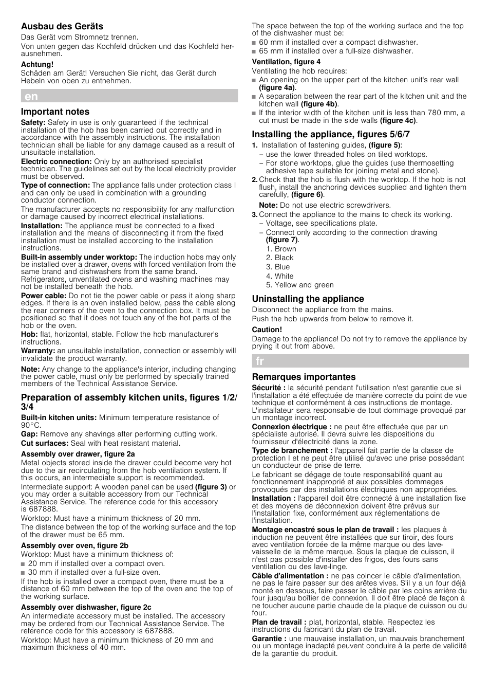 Ausbau des geräts, Das gerät vom stromnetz trennen, Achtung | Important notes, Note, Assembly over drawer, figure 2a, Worktop: must have a minimum thickness of 20 mm, Assembly over oven, figure 2b, Worktop: must have a minimum thickness of, Assembly over dishwasher, figure 2c | Bosch PIM845F17E Edelstahl umlaufender Rahmen Induktions-Kochstelle Glaskeramik User Manual | Page 5 / 14