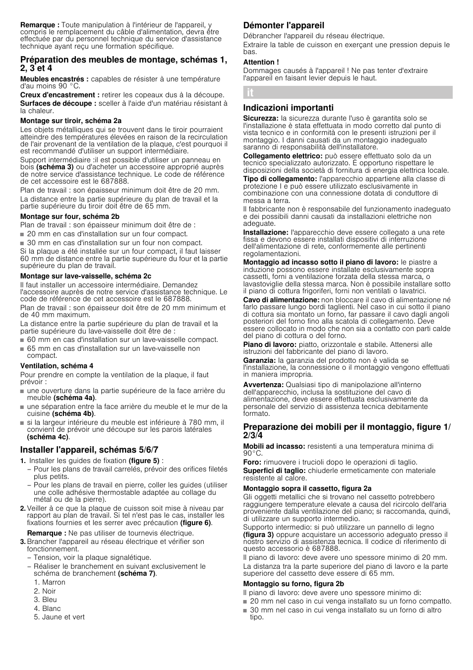 Remarque, Montage sur tiroir, schéma 2a, Montage sur four, schéma 2b | Montage sur lave-vaisselle, schéma 2c, Ventilation, schéma 4, Installer l'appareil, schémas 5/6/7, Installer les guides de fixation (figure 5), Démonter l'appareil, Débrancher l'appareil du réseau électrique, Attention | Bosch PIM845F17E Edelstahl umlaufender Rahmen Induktions-Kochstelle Glaskeramik User Manual | Page 6 / 14