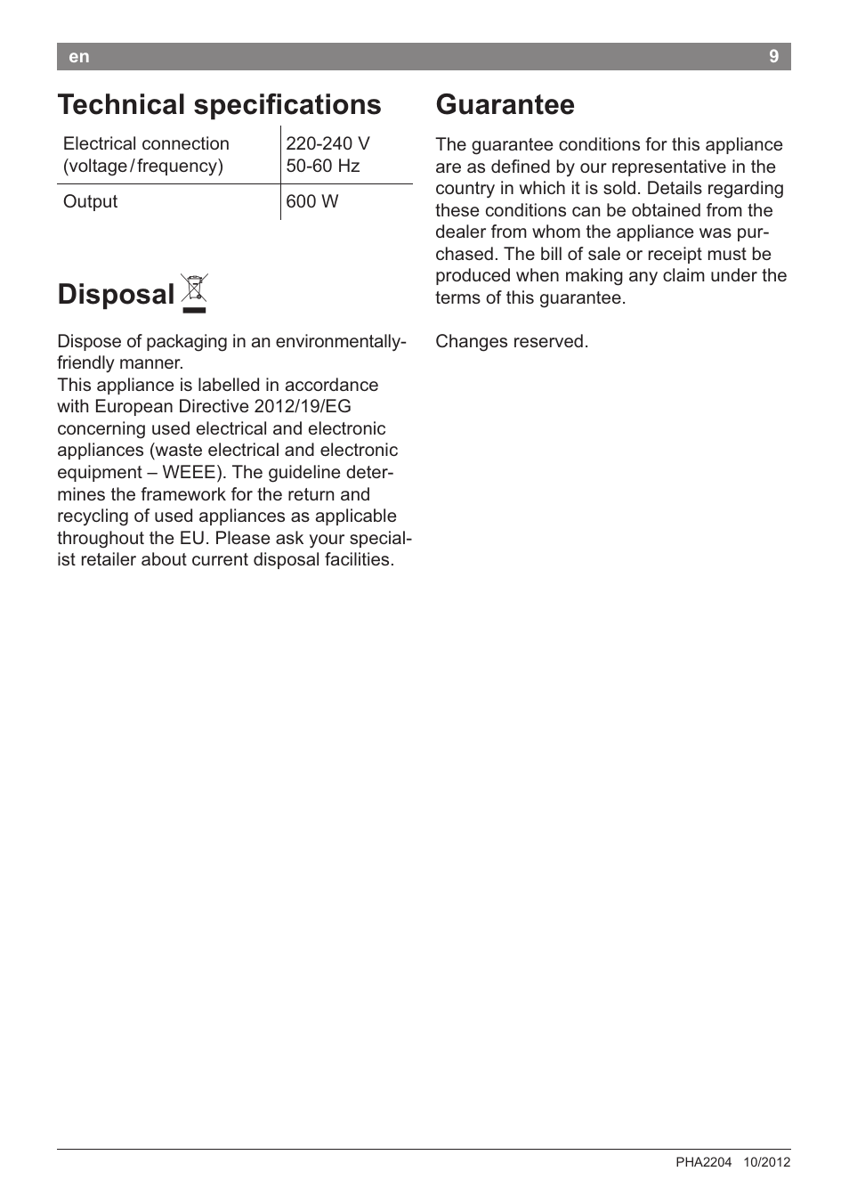 Technical specihcations guarantee, Disposal a | Bosch PHA2204 Warmluftstylingbürste Purple Passion User Manual | Page 11 / 84