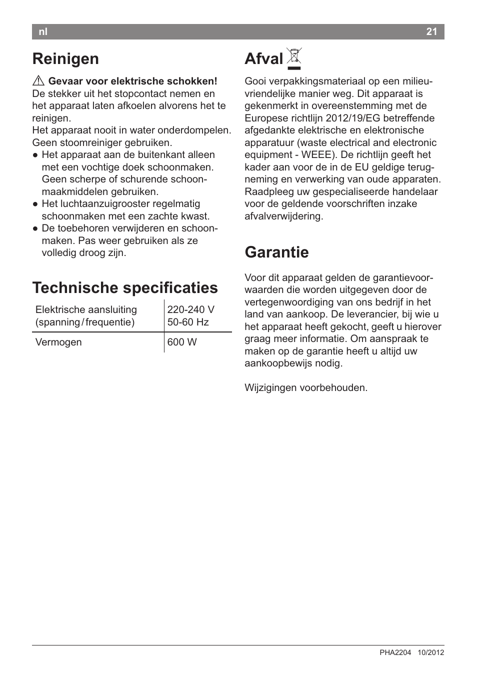 Afvai a, Garantie, Technische specihcaties | Reinigen afvai a, Garantie technische specihcaties | Bosch PHA2204 Warmluftstylingbürste Purple Passion User Manual | Page 23 / 84