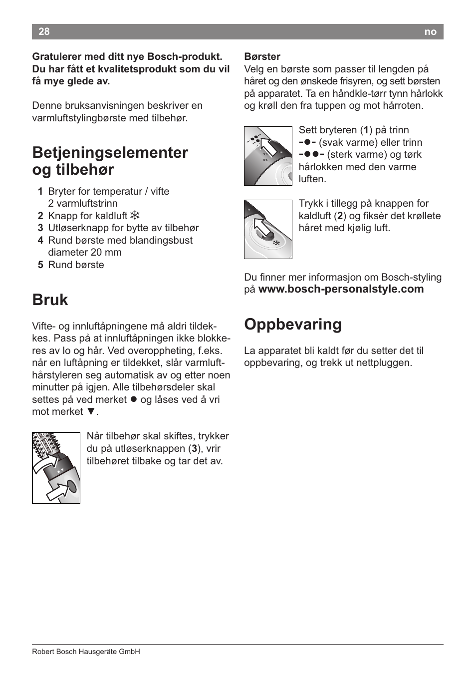 Betjeningselementer og tilbehor, Bruk, Oppbevaring | Bosch PHA2204 Warmluftstylingbürste Purple Passion User Manual | Page 30 / 84