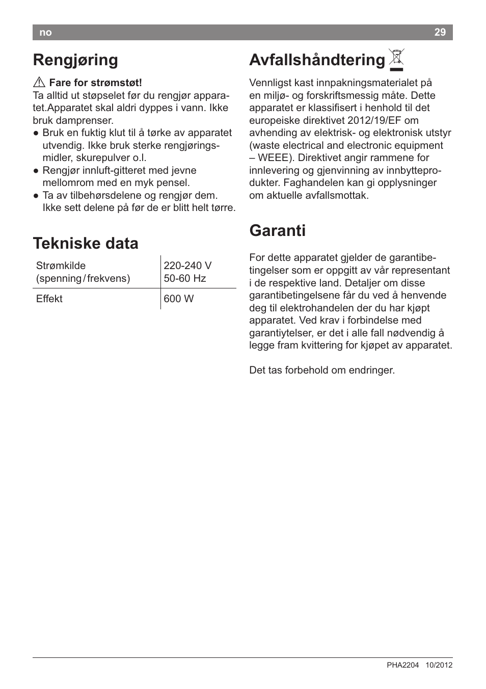 Rengjoring, Tekniske data, Avfalishándtering a | Garanti | Bosch PHA2204 Warmluftstylingbürste Purple Passion User Manual | Page 31 / 84