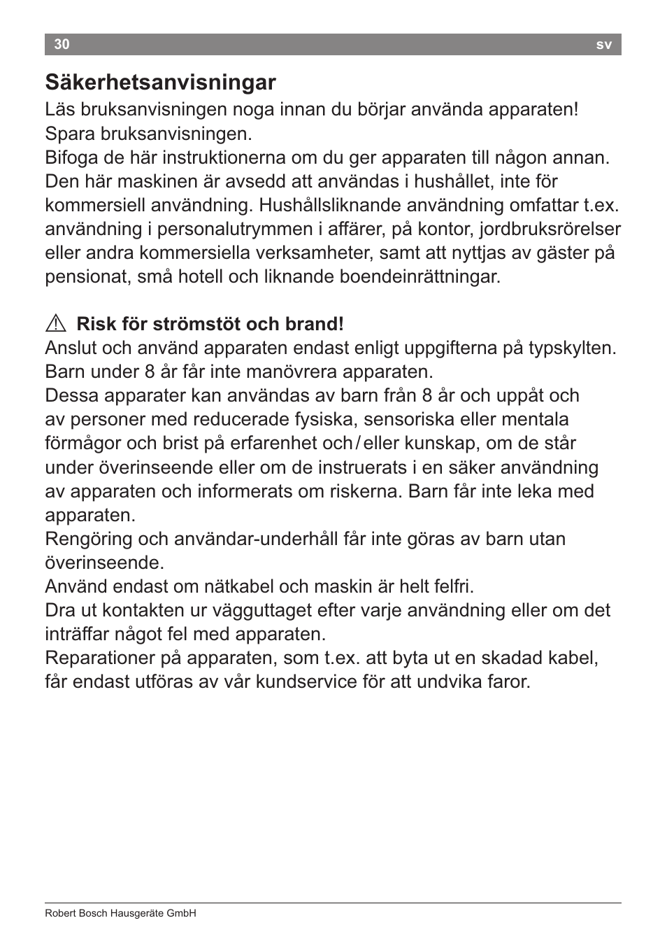 Säkerhetsanvisningar, A risk för strömstöt och brand | Bosch PHA2204 Warmluftstylingbürste Purple Passion User Manual | Page 32 / 84