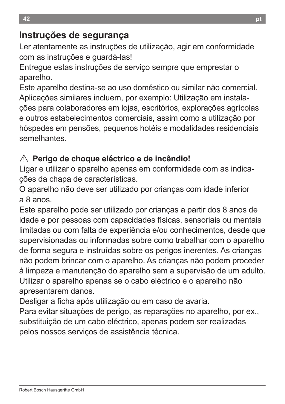 Instru9òes de seguran9a, A perigo de choque eléctrico e de incèndio | Bosch PHA2204 Warmluftstylingbürste Purple Passion User Manual | Page 44 / 84