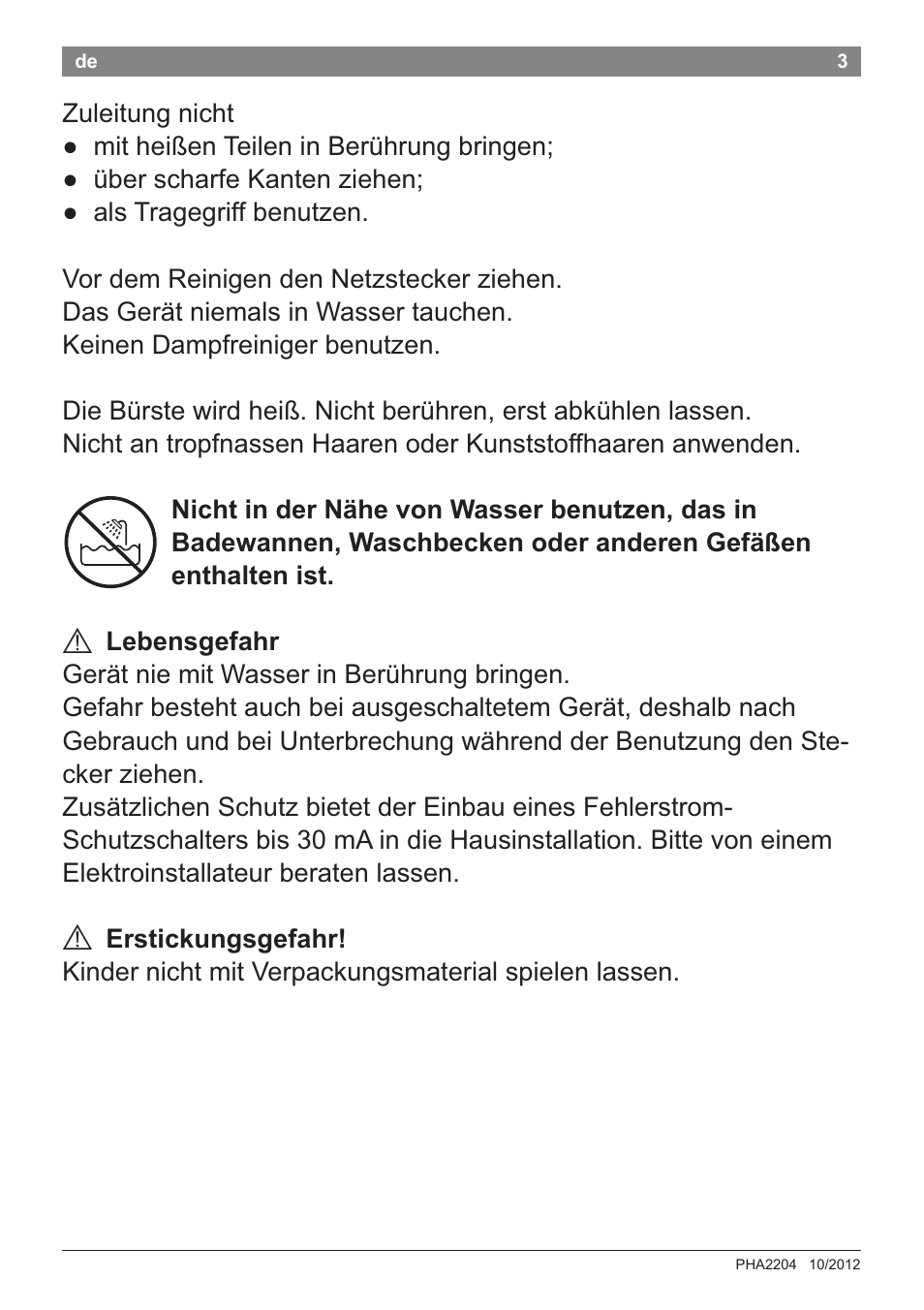 A lebensgefahr, A erstickungsgefahr | Bosch PHA2204 Warmluftstylingbürste Purple Passion User Manual | Page 5 / 84
