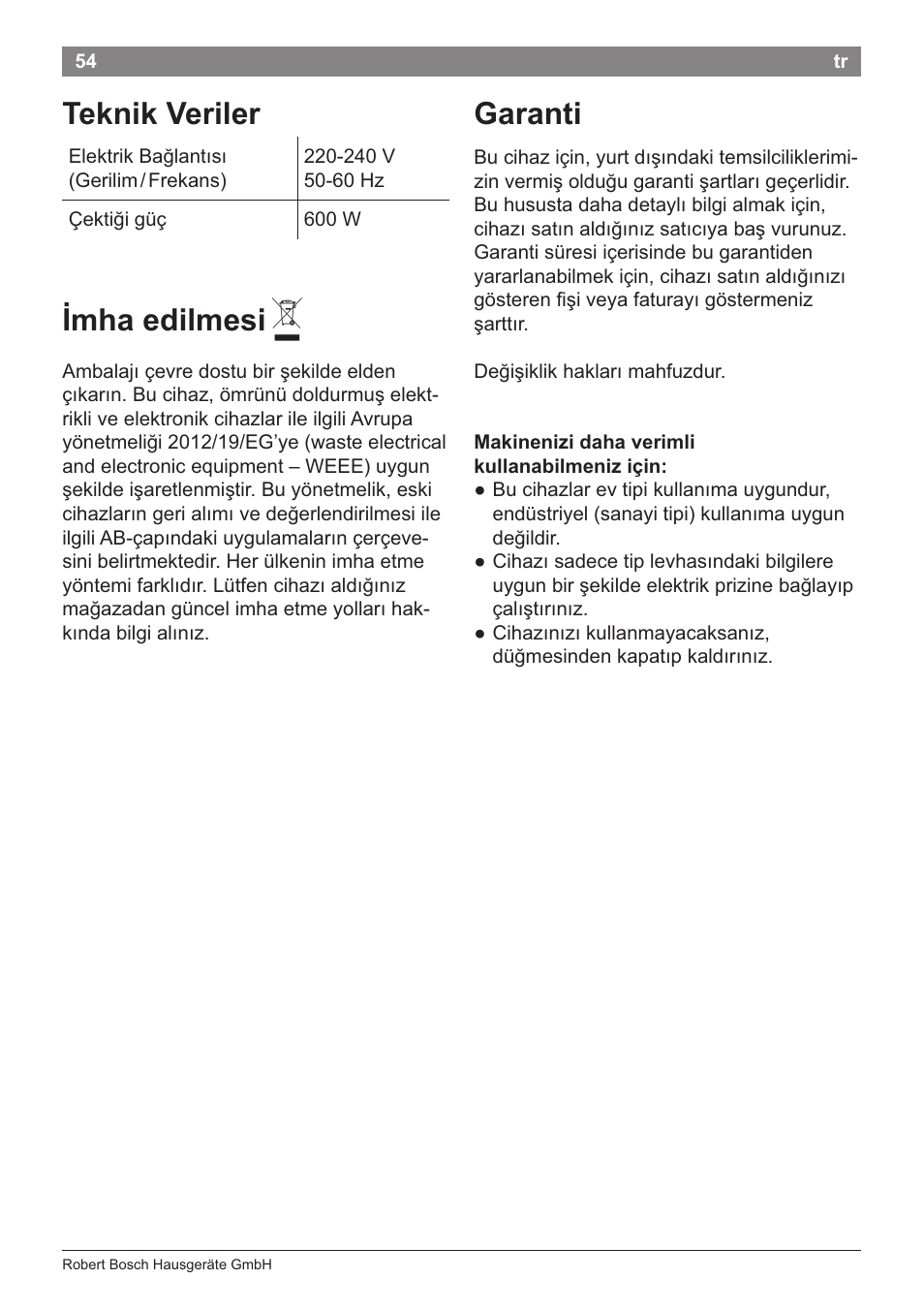 Imha edilmesi a, Garanti, Teknik veriler | Imha edilmesi a garanti | Bosch PHA2204 Warmluftstylingbürste Purple Passion User Manual | Page 56 / 84