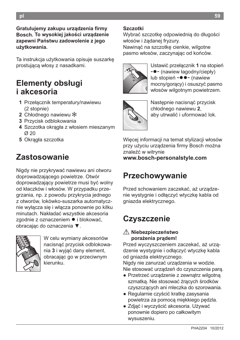 Elementy obstugi i akcesoria, Zastosowanie, Przechowywanie | Czyszczenie | Bosch PHA2204 Warmluftstylingbürste Purple Passion User Manual | Page 61 / 84