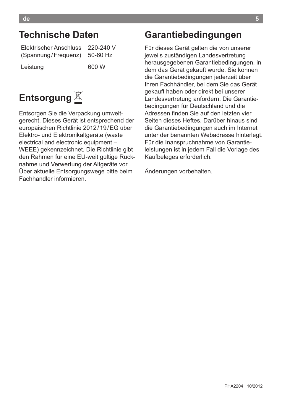 Technische daten, Entsorgung a, Garantiebedingungen | Bosch PHA2204 Warmluftstylingbürste Purple Passion User Manual | Page 7 / 84