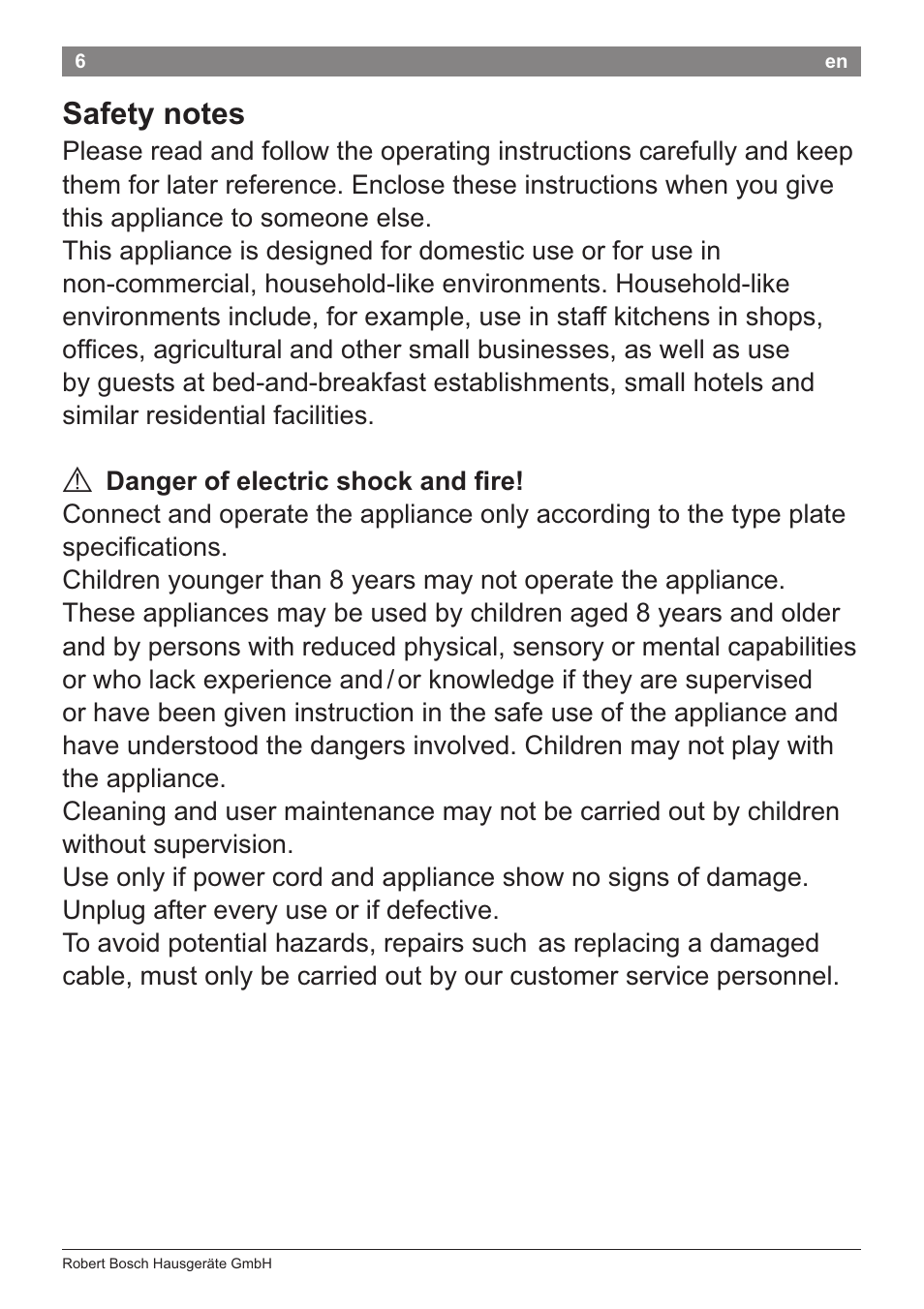 Safety notes, A danger of electric shock and hre | Bosch PHA2204 Warmluftstylingbürste Purple Passion User Manual | Page 8 / 84