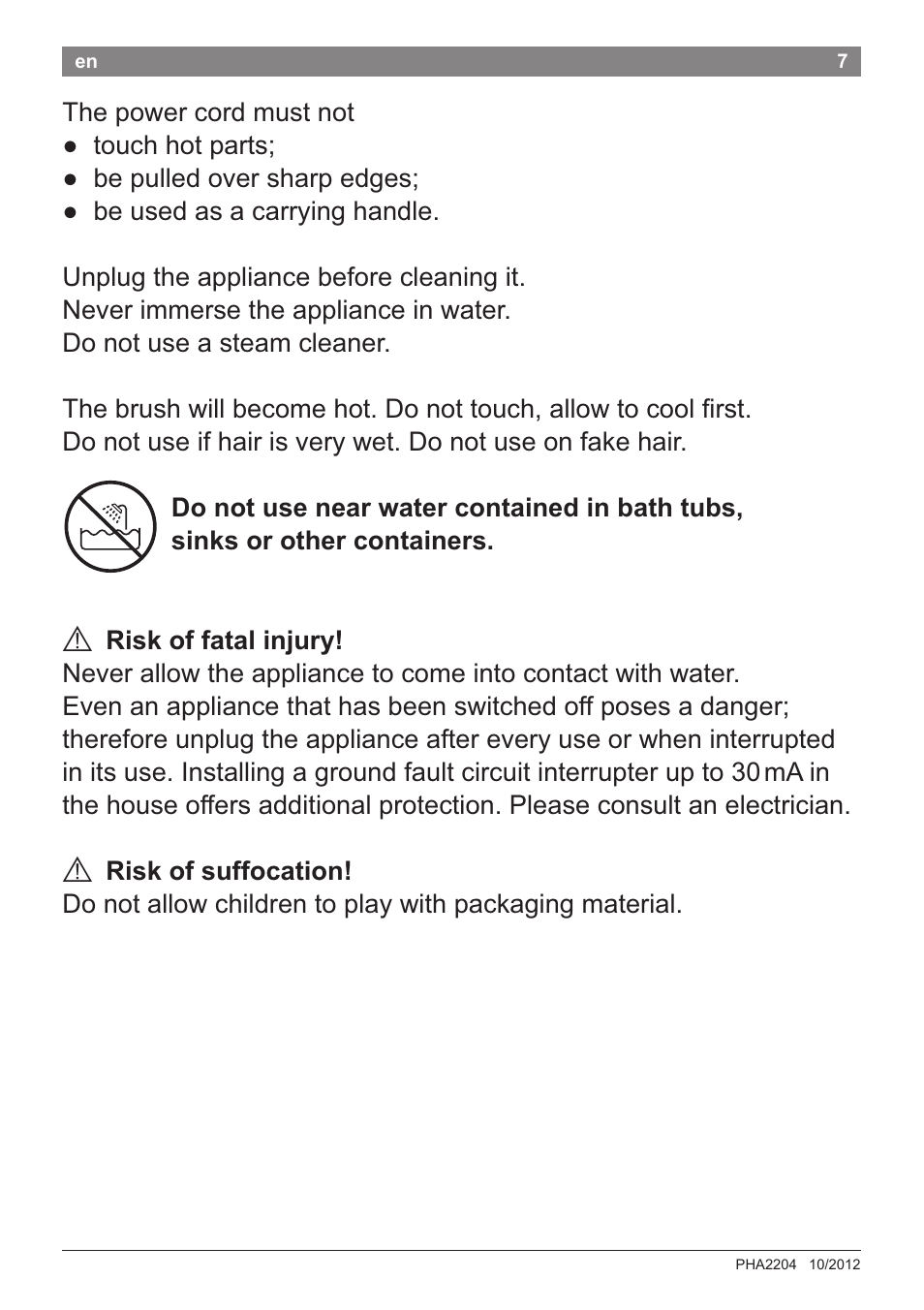 A riskoffataiinjury, A riskofsuffocation | Bosch PHA2204 Warmluftstylingbürste Purple Passion User Manual | Page 9 / 84