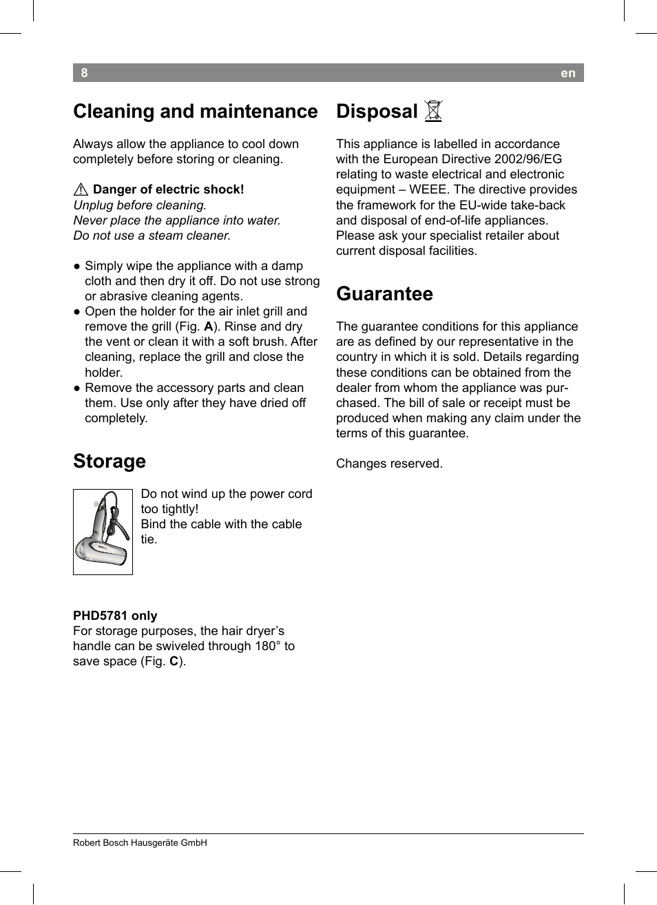 Cleaning and maintenance, Storage, Disposal | Guarantee | Bosch PHD5513 Haartrockner beautixx comfort User Manual | Page 10 / 74