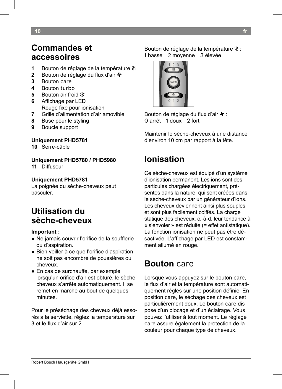 Commandes et accessoires, Utilisation du sèche-cheveux, Ionisation | Bouton care | Bosch PHD5513 Haartrockner beautixx comfort User Manual | Page 12 / 74