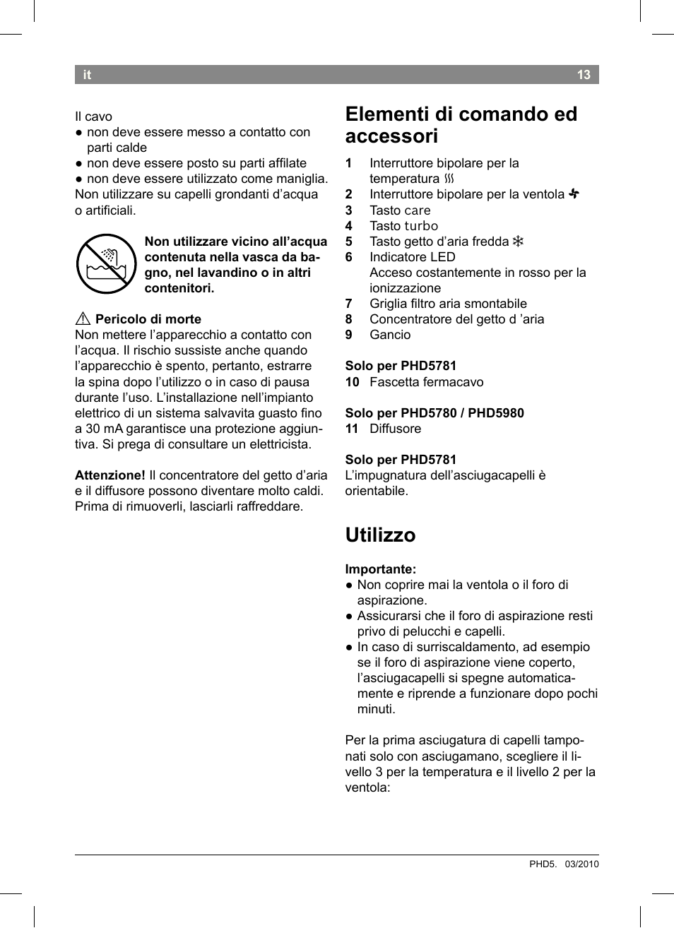 Elementi di comando ed accessori, Utilizzo | Bosch PHD5513 Haartrockner beautixx comfort User Manual | Page 15 / 74