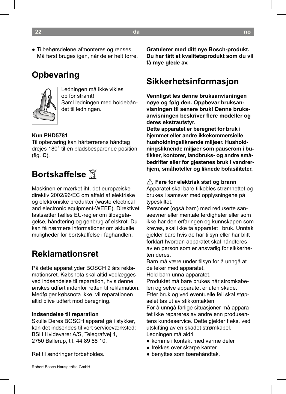 Sikkerhetsinformasjon, Opbevaring, Bortskaffelse | Reklamationsret | Bosch PHD5513 Haartrockner beautixx comfort User Manual | Page 24 / 74