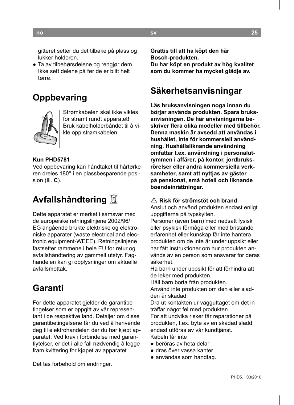 Oppbevaring, Avfallshåndtering, Garanti | Säkerhetsanvisningar | Bosch PHD5513 Haartrockner beautixx comfort User Manual | Page 27 / 74