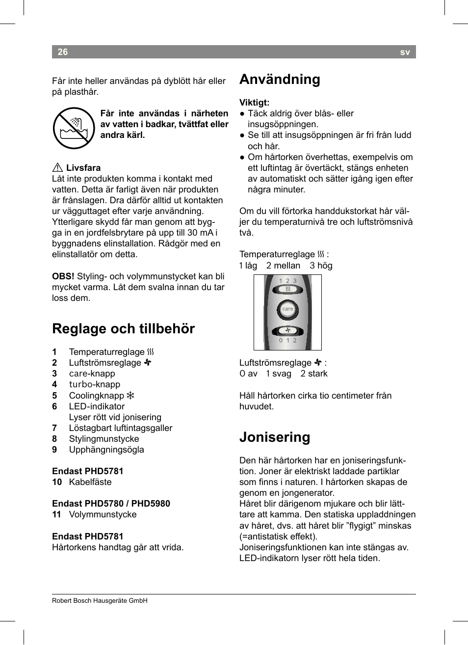 Reglage och tillbehör, Användning, Jonisering | Bosch PHD5513 Haartrockner beautixx comfort User Manual | Page 28 / 74