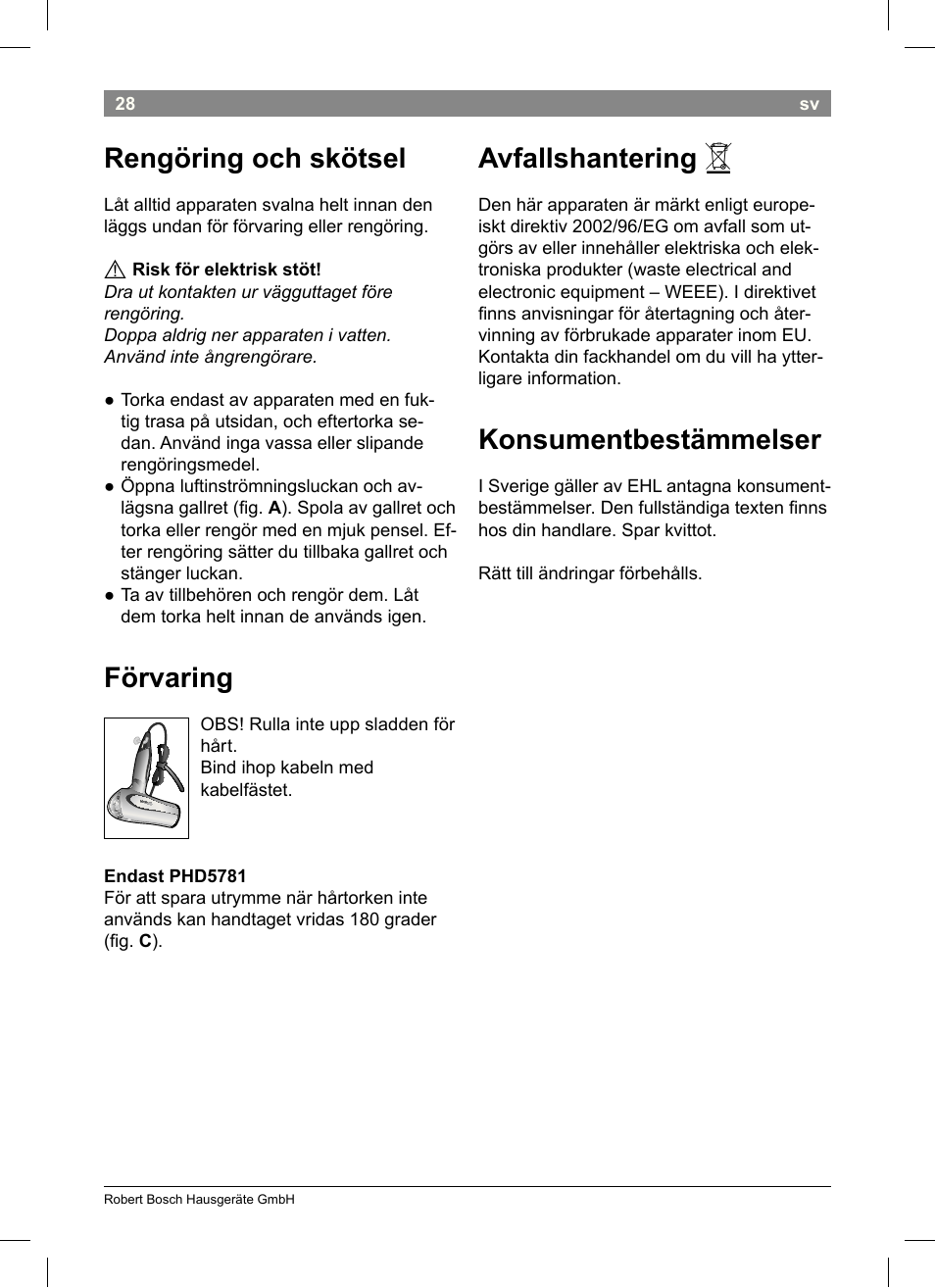 Rengöring och skötsel, Förvaring, Avfallshantering | Konsumentbestämmelser | Bosch PHD5513 Haartrockner beautixx comfort User Manual | Page 30 / 74