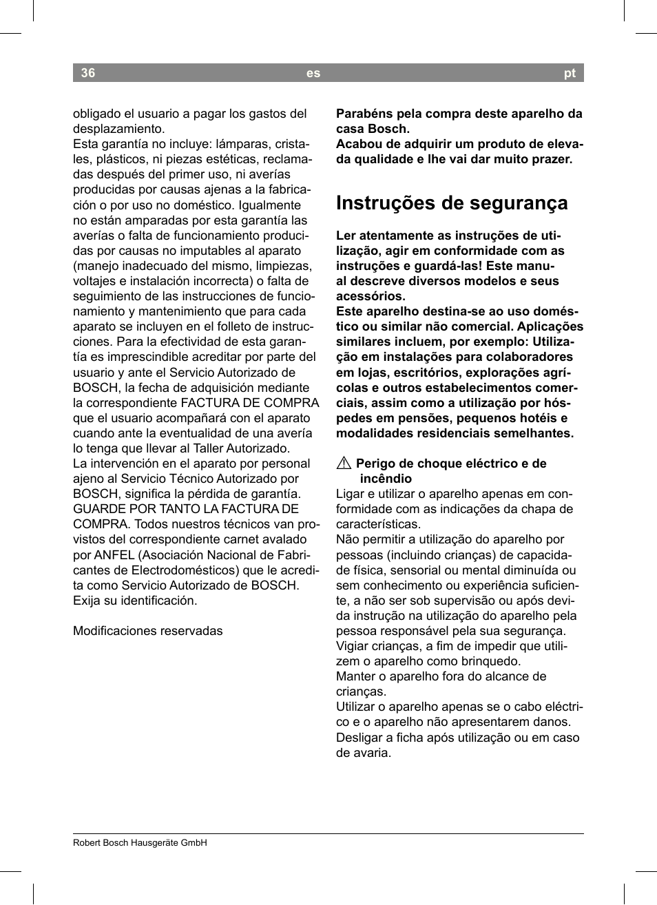 Instruções de segurança | Bosch PHD5513 Haartrockner beautixx comfort User Manual | Page 38 / 74