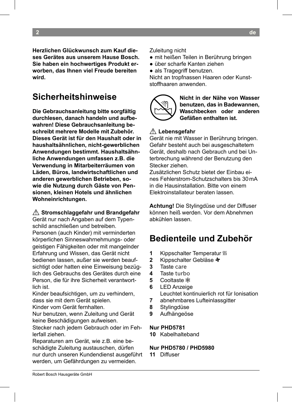 Sicherheitshinweise, Bedienteile und zubehör | Bosch PHD5513 Haartrockner beautixx comfort User Manual | Page 4 / 74