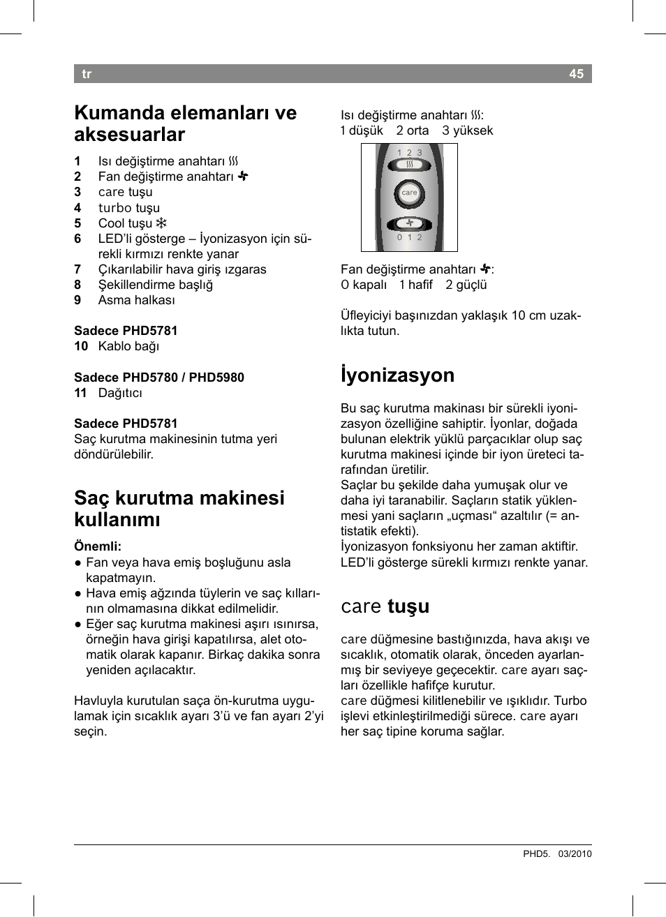 Iyonizasyon, Care tuşu, Kumanda elemanları ve aksesuarlar | Saç kurutma makinesi kullanımı | Bosch PHD5513 Haartrockner beautixx comfort User Manual | Page 47 / 74