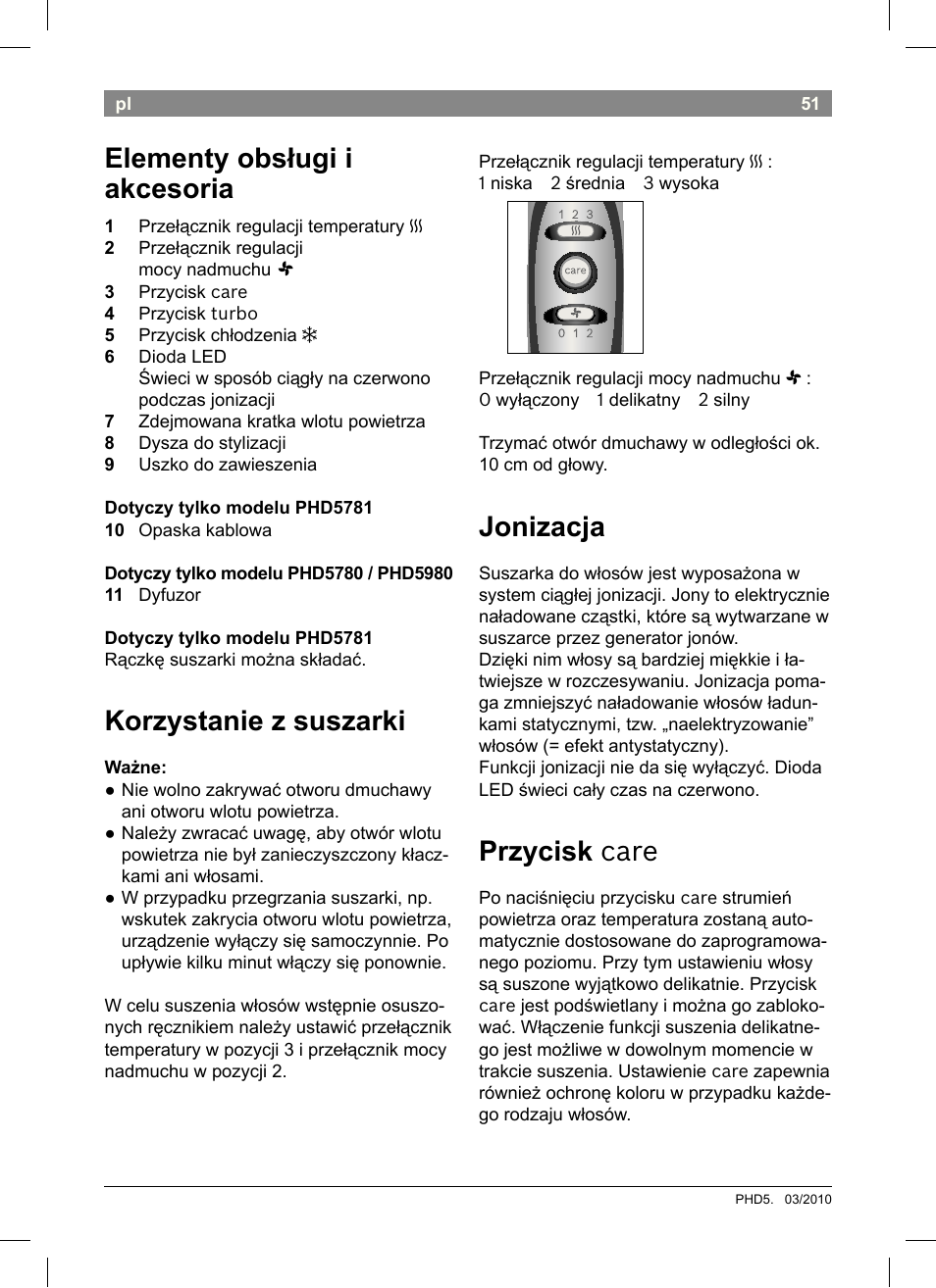 Elementy obsługi i akcesoria, Korzystanie z suszarki, Jonizacja | Przycisk care | Bosch PHD5513 Haartrockner beautixx comfort User Manual | Page 53 / 74