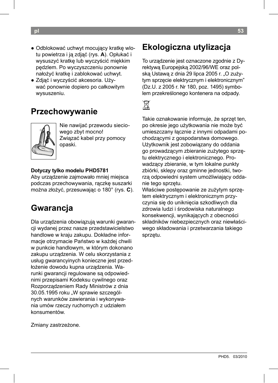 Przechowywanie, Gwarancja, Ekologiczna utylizacja | Bosch PHD5513 Haartrockner beautixx comfort User Manual | Page 55 / 74