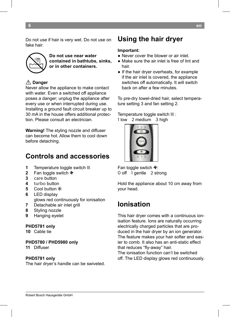 Controls and accessories, Using the hair dryer, Ionisation | Bosch PHD5513 Haartrockner beautixx comfort User Manual | Page 8 / 74