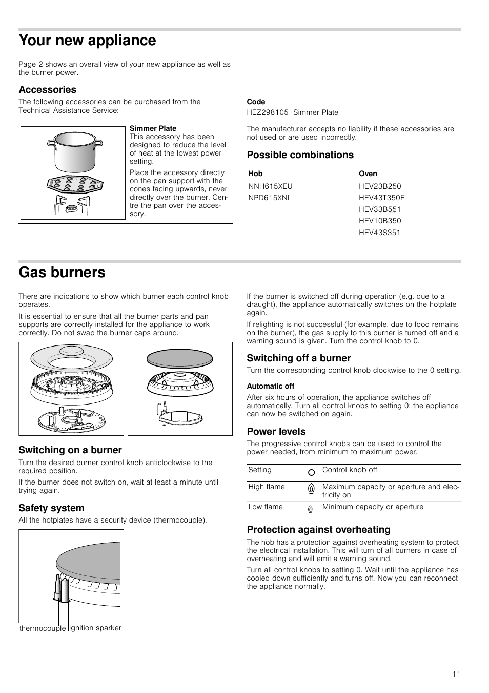 Your new appliance, Accessories, Code | Possible combinations, Gas burners, Switching on a burner, Safety system, Switching off a burner, Automatic off, Power levels | Bosch NNH615XEU Gas-Kochfeld Edelstahl 60 cm User Manual | Page 11 / 51