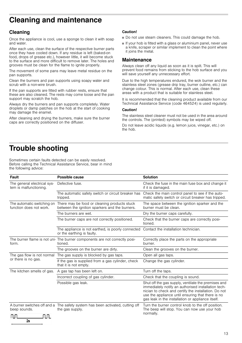 Cleaning and maintenance, Cleaning, Caution | Maintenance, Trouble shooting, Cleaning and maintenance cleaning, Ting | Bosch NNH615XEU Gas-Kochfeld Edelstahl 60 cm User Manual | Page 13 / 51