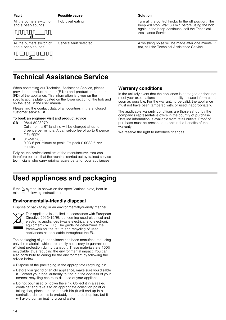 Technical assistance service, To book an engineer visit and product advice, Warranty conditions | Used appliances and packaging, Environmentally-friendly disposal, Vice warranty conditions | Bosch NNH615XEU Gas-Kochfeld Edelstahl 60 cm User Manual | Page 14 / 51