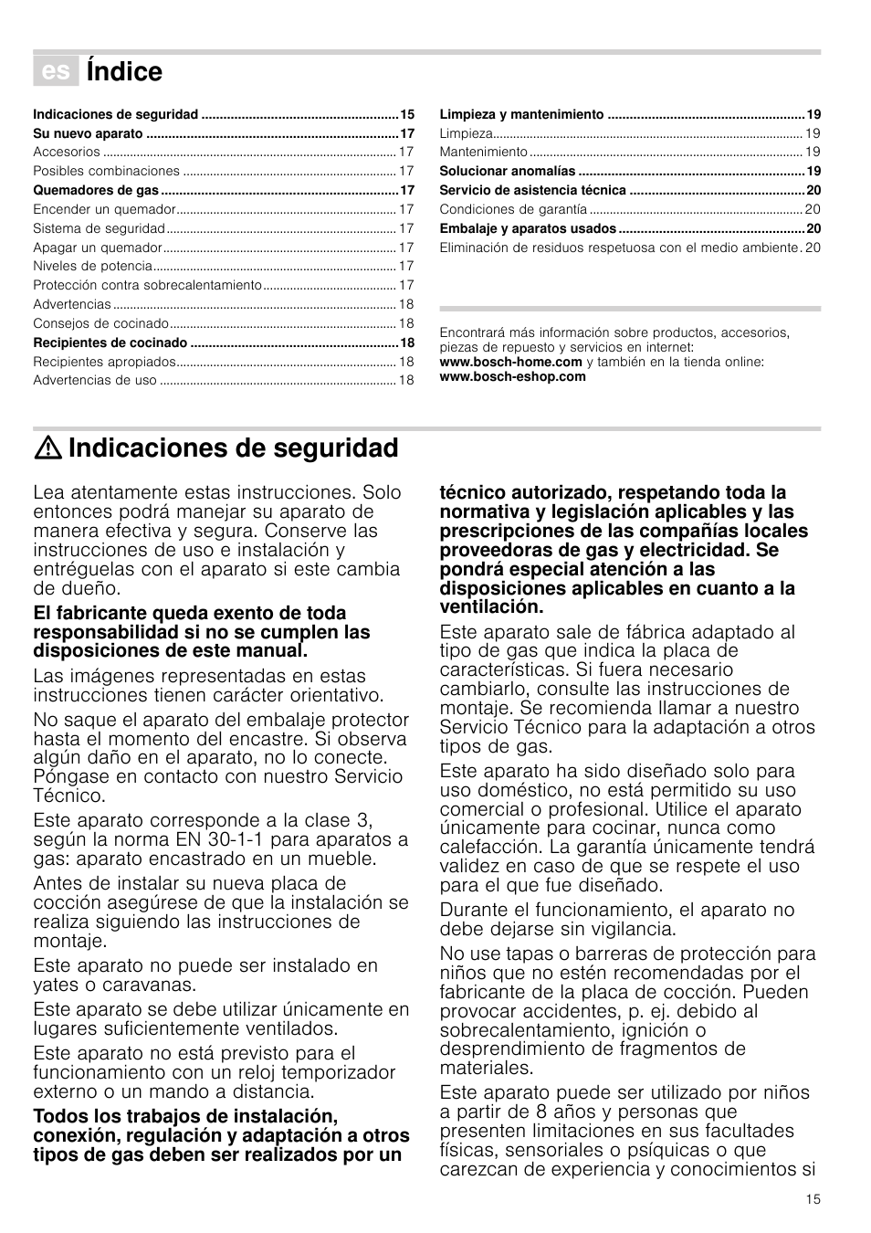 Û índice[es] instrucciones de uso, Indicaciones de seguridad, Cciones de uso | Índice | Bosch NNH615XEU Gas-Kochfeld Edelstahl 60 cm User Manual | Page 15 / 51