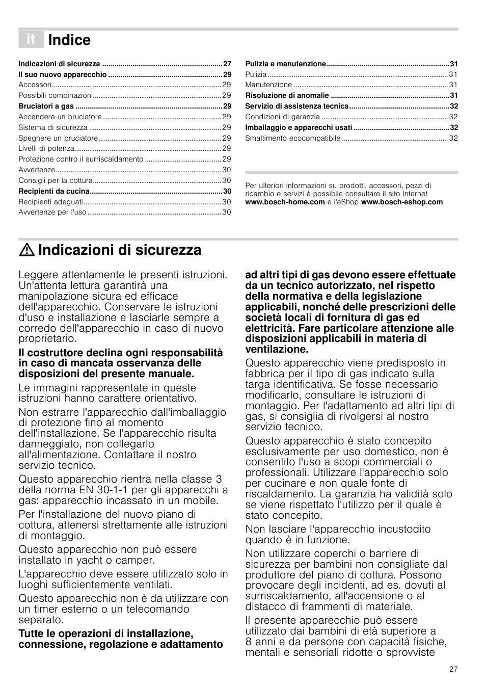 Â indice[it] istruzioni per l’uso, Indicazioni di sicurezza, Uzioni per l’uso | Indice | Bosch NNH615XEU Gas-Kochfeld Edelstahl 60 cm User Manual | Page 27 / 51