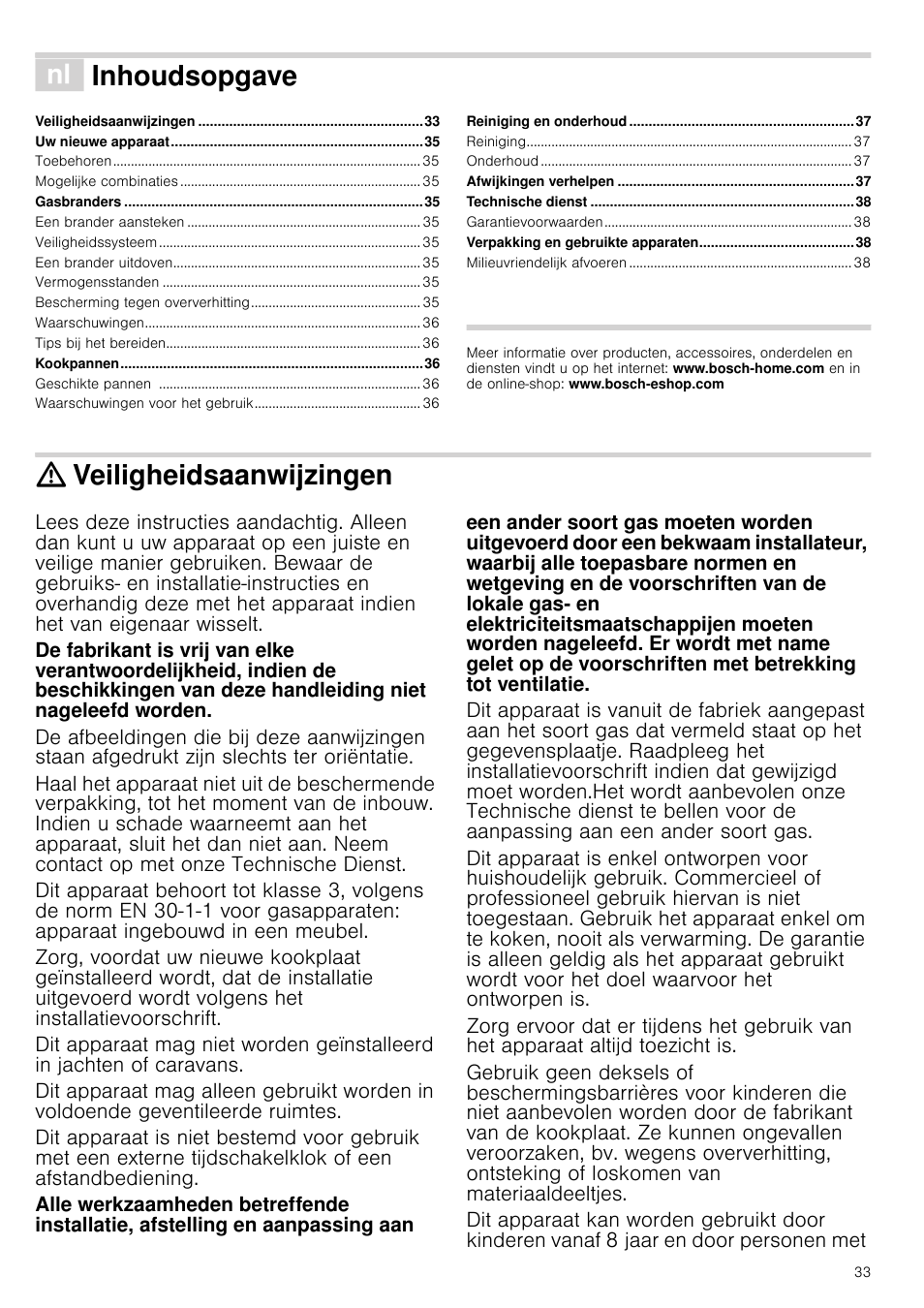 É inhoudsopgave[nl] gebruiksaanwijzing, Veiligheidsaanwijzingen, Jzing | Inhoudsopgave | Bosch NNH615XEU Gas-Kochfeld Edelstahl 60 cm User Manual | Page 33 / 51