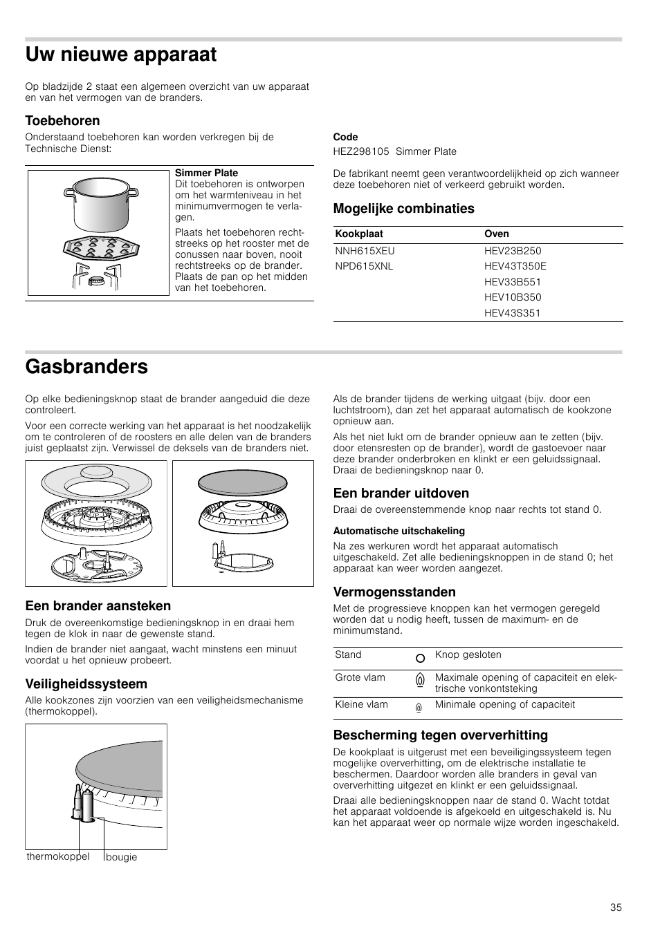 Uw nieuwe apparaat, Toebehoren, Code | Mogelijke combinaties, Gasbranders, Een brander aansteken, Veiligheidssysteem, Een brander uitdoven, Automatische uitschakeling, Vermogensstanden | Bosch NNH615XEU Gas-Kochfeld Edelstahl 60 cm User Manual | Page 35 / 51