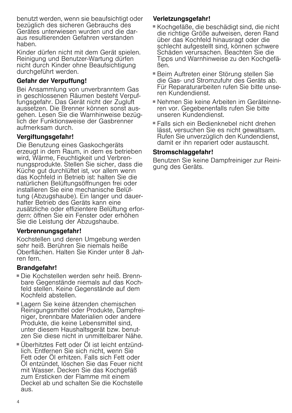 Gefahr der verpuffung, Vergiftungsgefahr, Verbrennungsgefahr | Brandgefahr, Verletzungsgefahr, Stromschlaggefahr | Bosch NNH615XEU Gas-Kochfeld Edelstahl 60 cm User Manual | Page 4 / 51