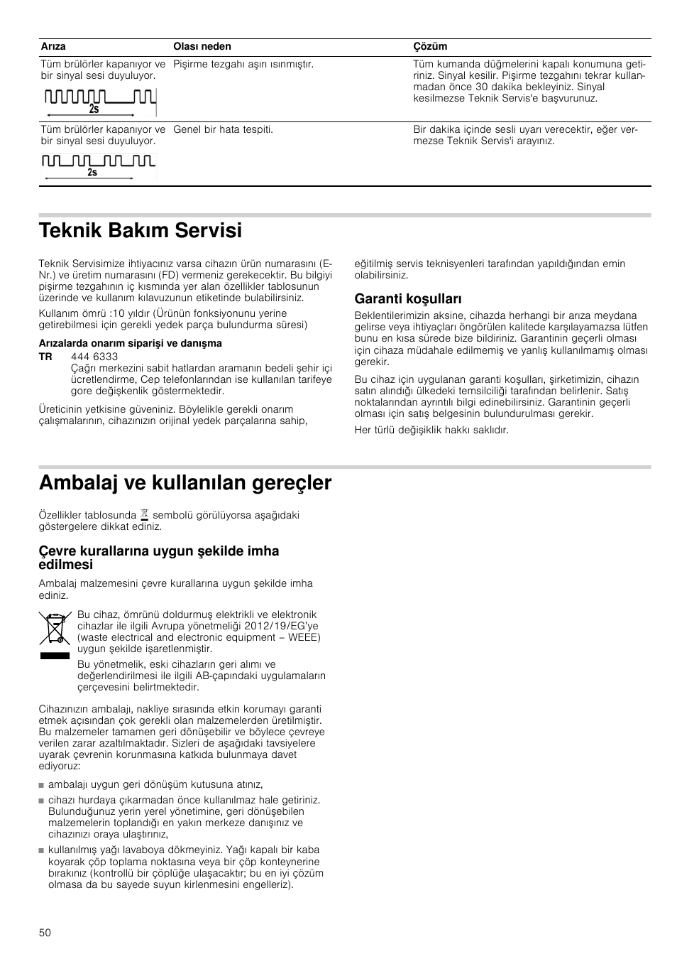 Teknik bakım servisi, Arızalarda onarım siparişi ve danışma, Garanti koşulları | Ambalaj ve kullanılan gereçler, Çevre kurallarına uygun şekilde imha edilmesi, Visi | Bosch NNH615XEU Gas-Kochfeld Edelstahl 60 cm User Manual | Page 50 / 51