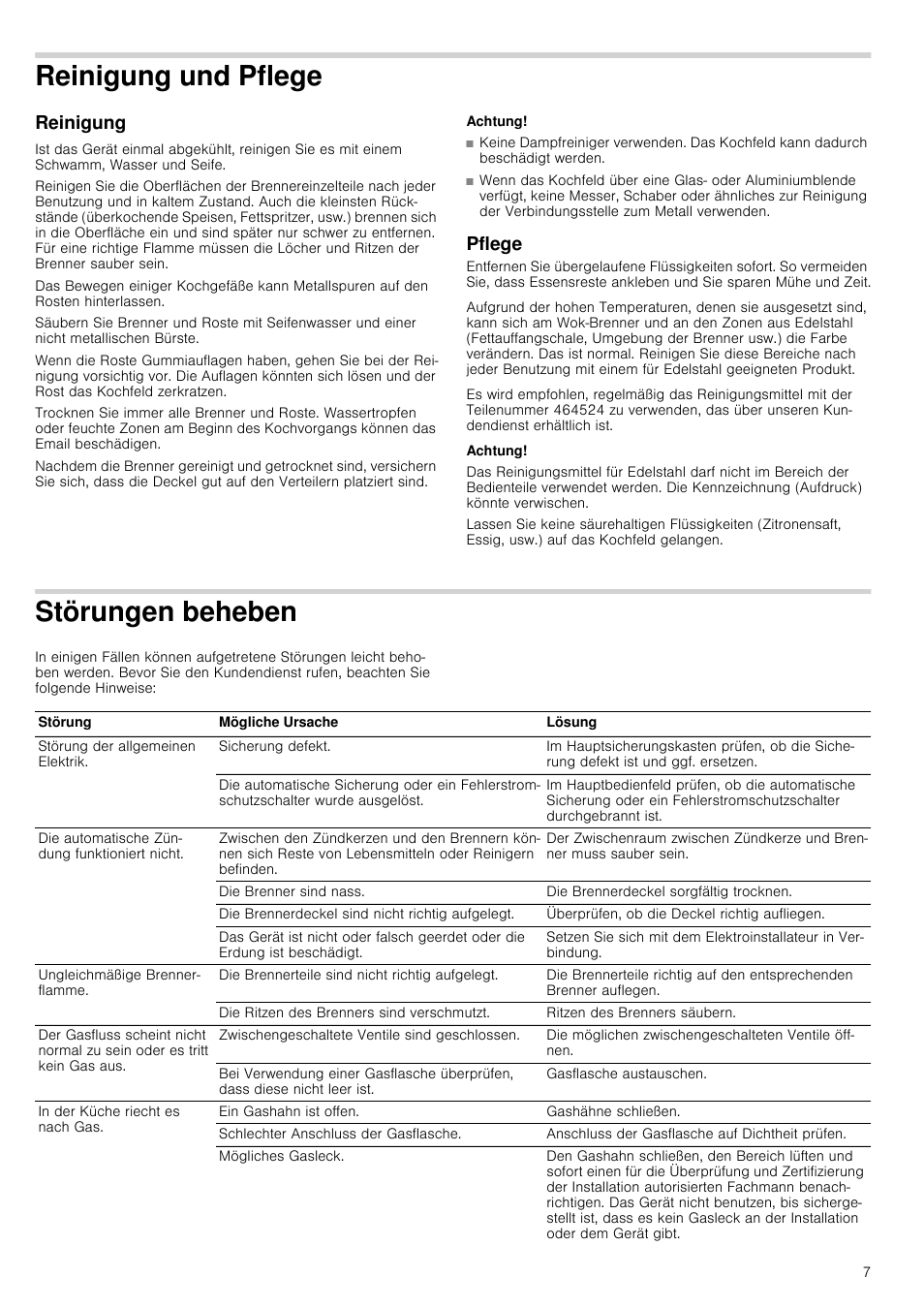 Reinigung und pflege, Reinigung, Achtung | Pflege, Störungen beheben, Reinigung pflege, En beheben | Bosch NNH615XEU Gas-Kochfeld Edelstahl 60 cm User Manual | Page 7 / 51