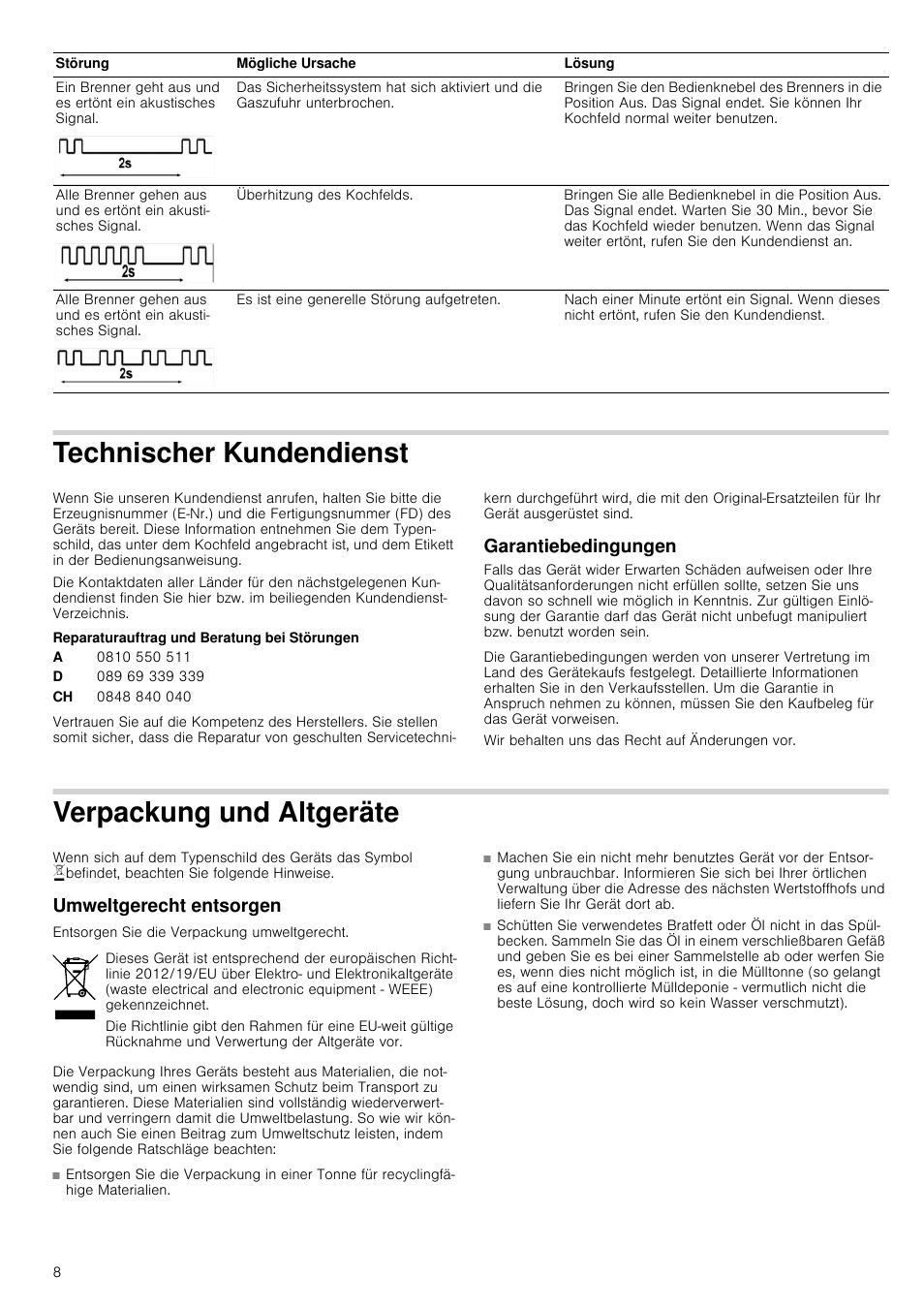 Technischer kundendienst, Reparaturauftrag und beratung bei störungen, Garantiebedingungen | Verpackung und altgeräte, Umweltgerecht entsorgen, Undendienst garantiebedingungen | Bosch NNH615XEU Gas-Kochfeld Edelstahl 60 cm User Manual | Page 8 / 51