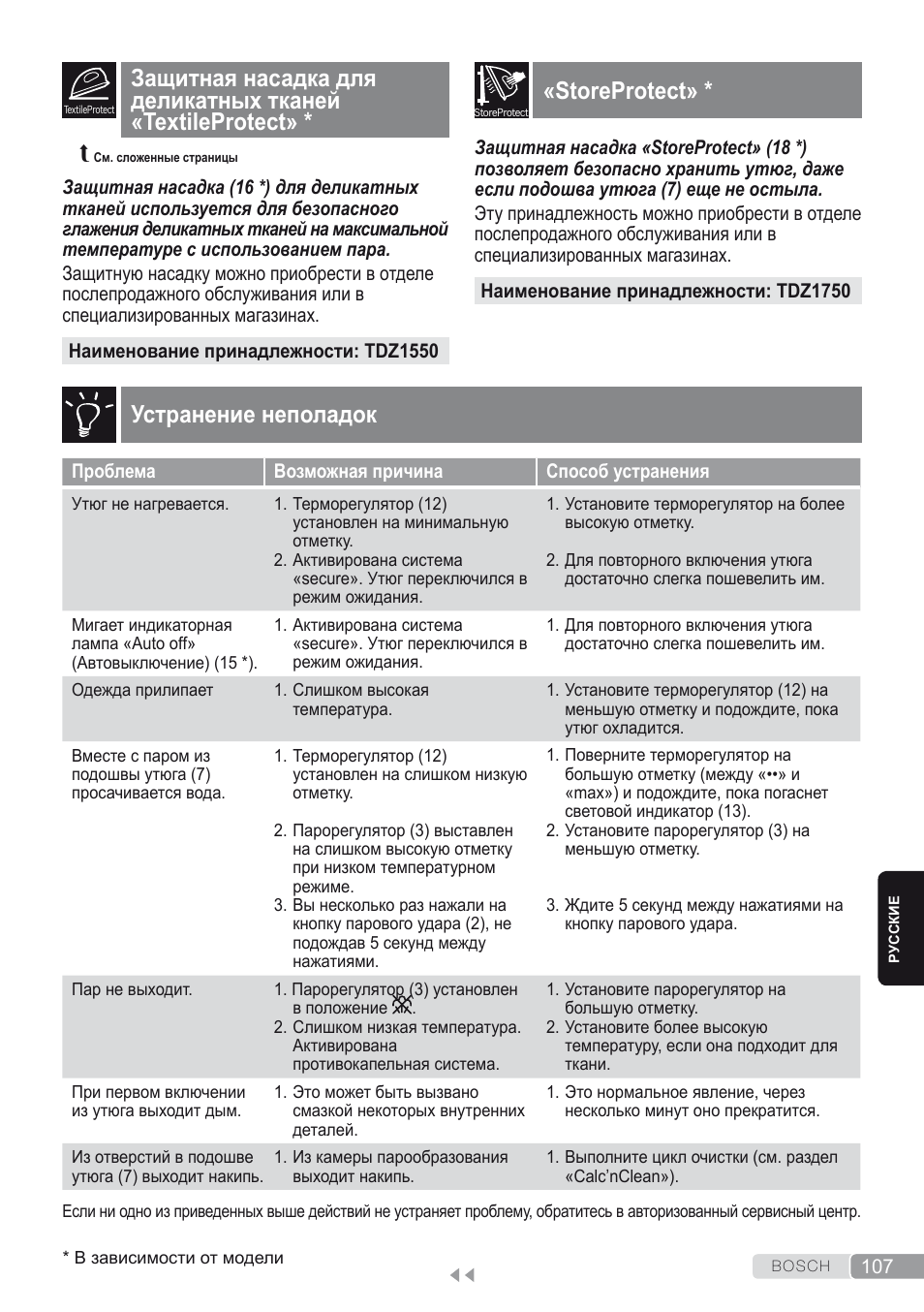 Storeprotect, Устранение неполадок | Bosch Dampfbügeleisen Sensixxx DA50 ProEnergy TDA502412E weiß grün User Manual | Page 109 / 128