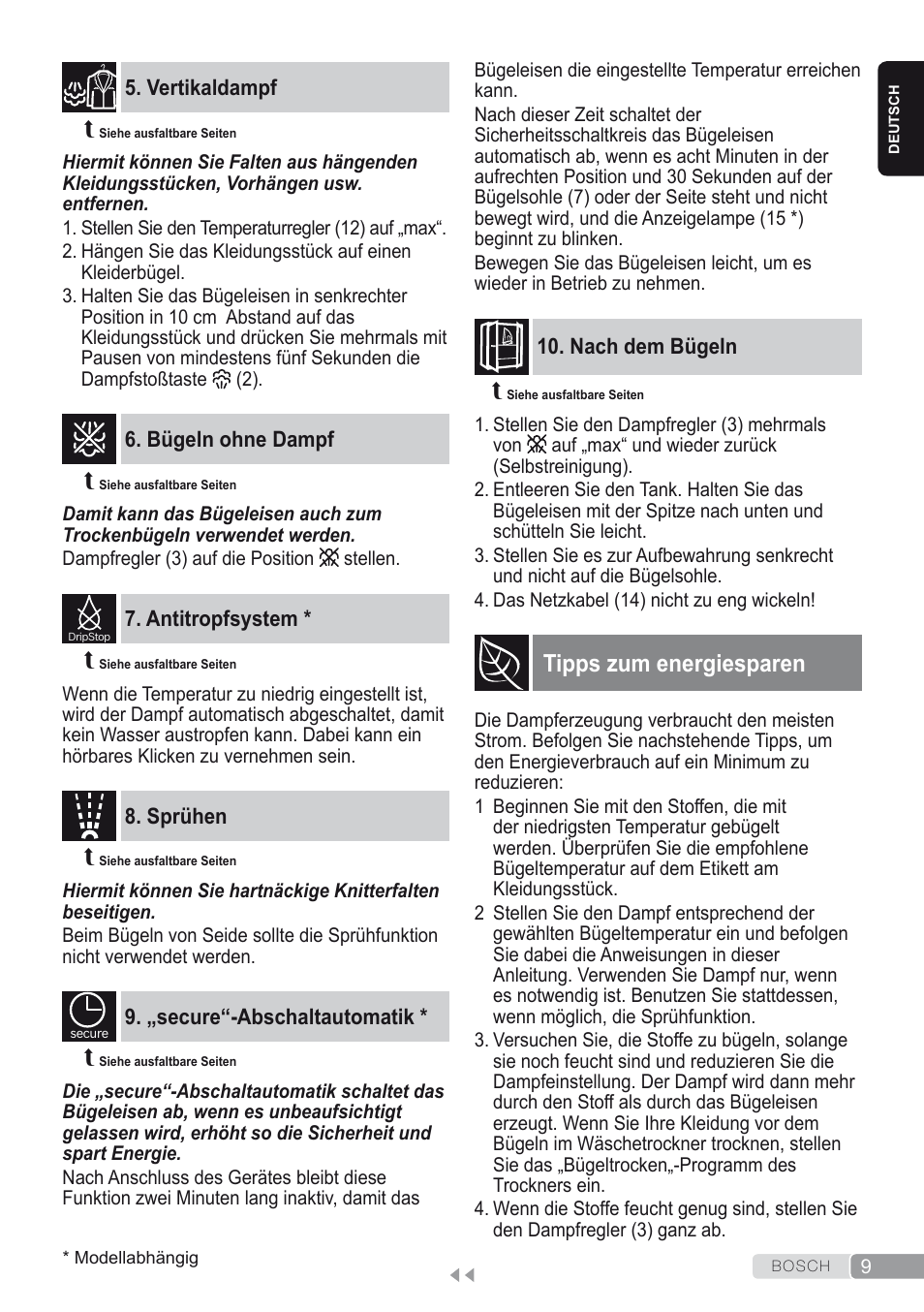 Vertikaldampf, Bügeln ohne dampf, Antitropfsystem | Sprühen, „secure“-abschaltautomatik, Nach dem bügeln, Tipps zum energiesparen | Bosch Dampfbügeleisen Sensixxx DA50 ProEnergy TDA502412E weiß grün User Manual | Page 11 / 128