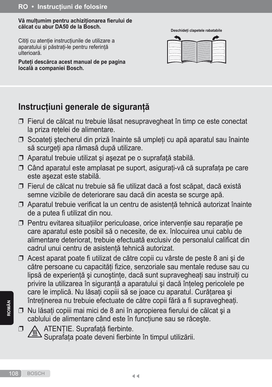 Român, Instrucţiuni generale de siguranţă | Bosch Dampfbügeleisen Sensixxx DA50 ProEnergy TDA502412E weiß grün User Manual | Page 110 / 128