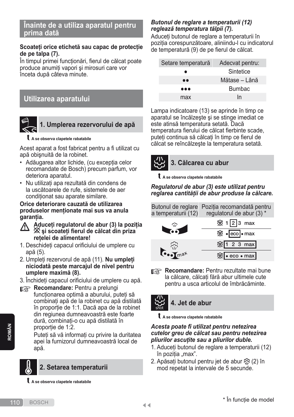 Înainte de a utiliza aparatul pentru prima dată, Utilizarea aparatului, Umplerea rezervorului de apă | Setarea temperaturii, Călcarea cu abur, Jet de abur | Bosch Dampfbügeleisen Sensixxx DA50 ProEnergy TDA502412E weiß grün User Manual | Page 112 / 128