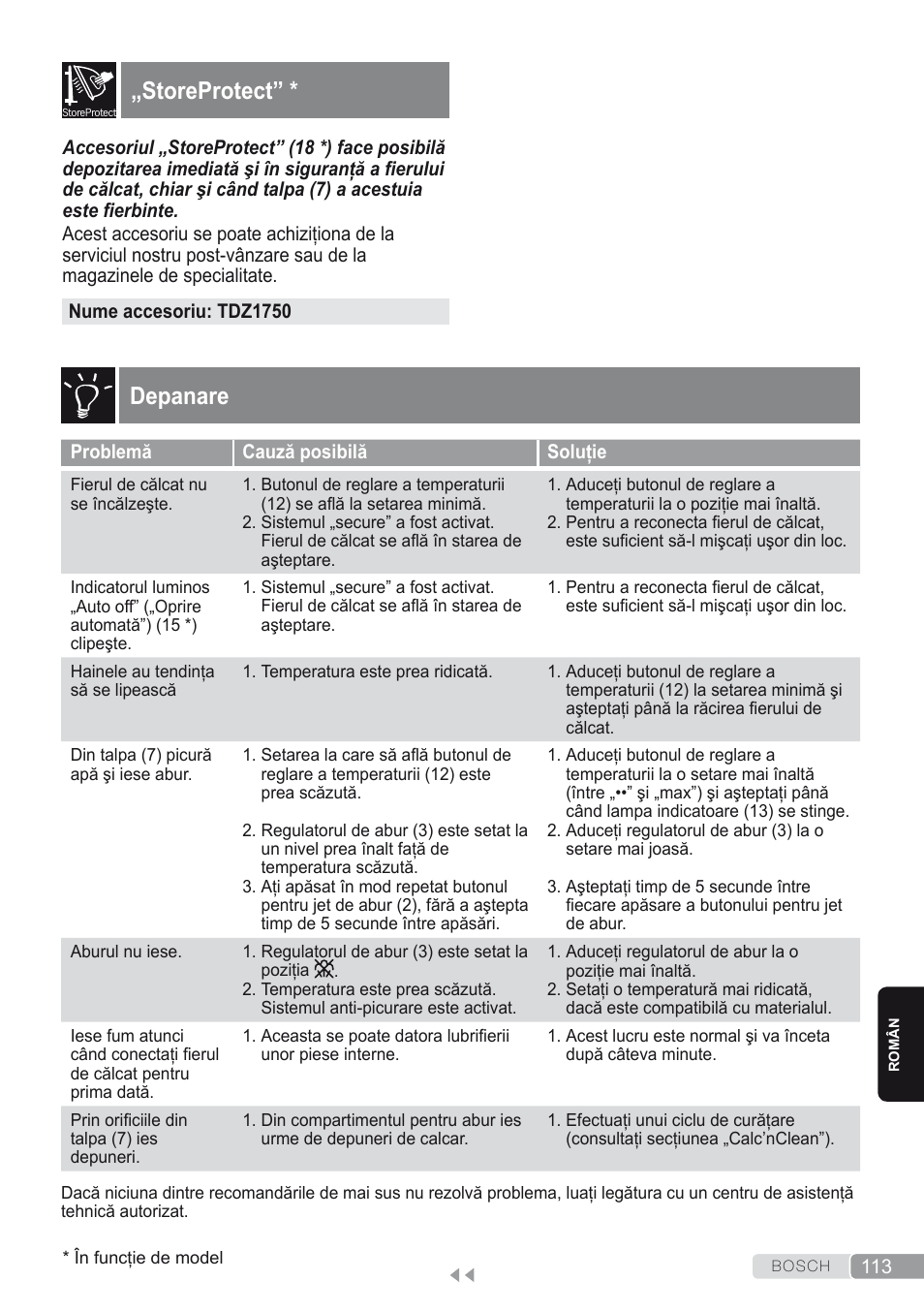 Storeprotect, Depanare | Bosch Dampfbügeleisen Sensixxx DA50 ProEnergy TDA502412E weiß grün User Manual | Page 115 / 128