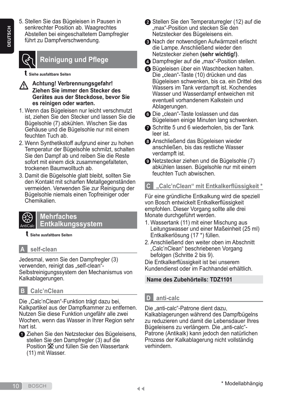 Reinigung und pflege, Mehrfaches entkalkungssystem | Bosch Dampfbügeleisen Sensixxx DA50 ProEnergy TDA502412E weiß grün User Manual | Page 12 / 128